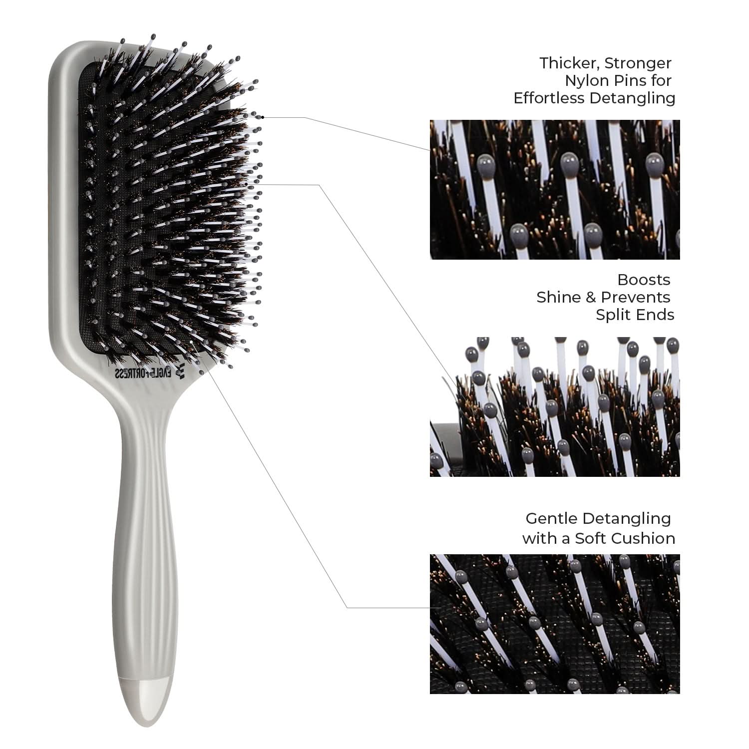 Eagle Fortress Boar Bristle Paddle Brush - Grey The Beauty Box