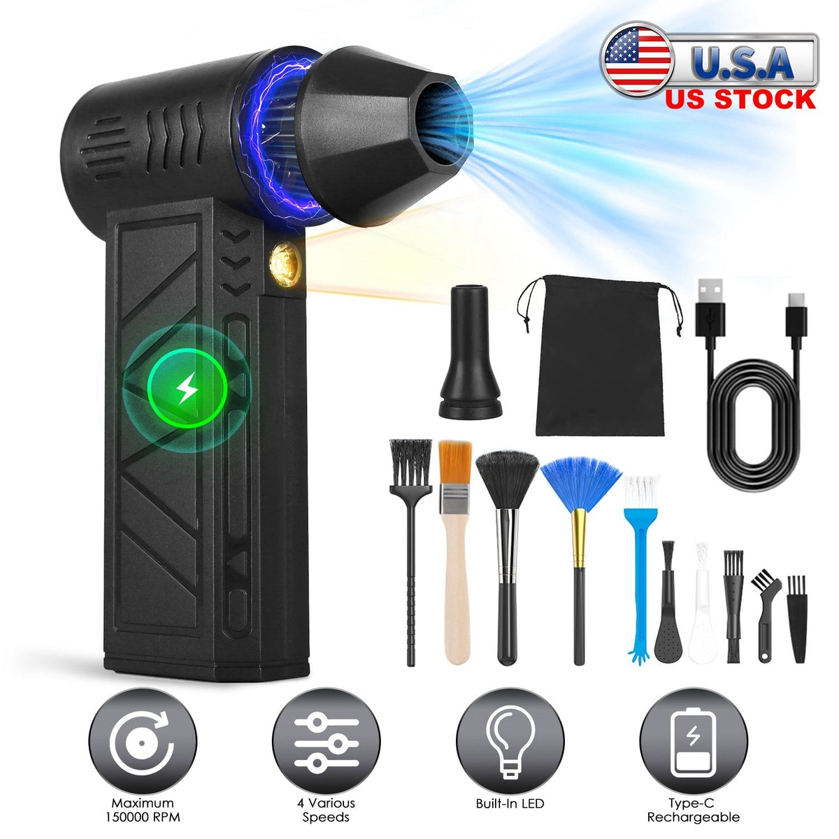 Compressed Air Duster with LED Light Up to 150000RPM Speed for PC Keyboard Cleaning High Speed Rechargeable Cordless Air Blower with 4 Speeds for Home GBruno Store