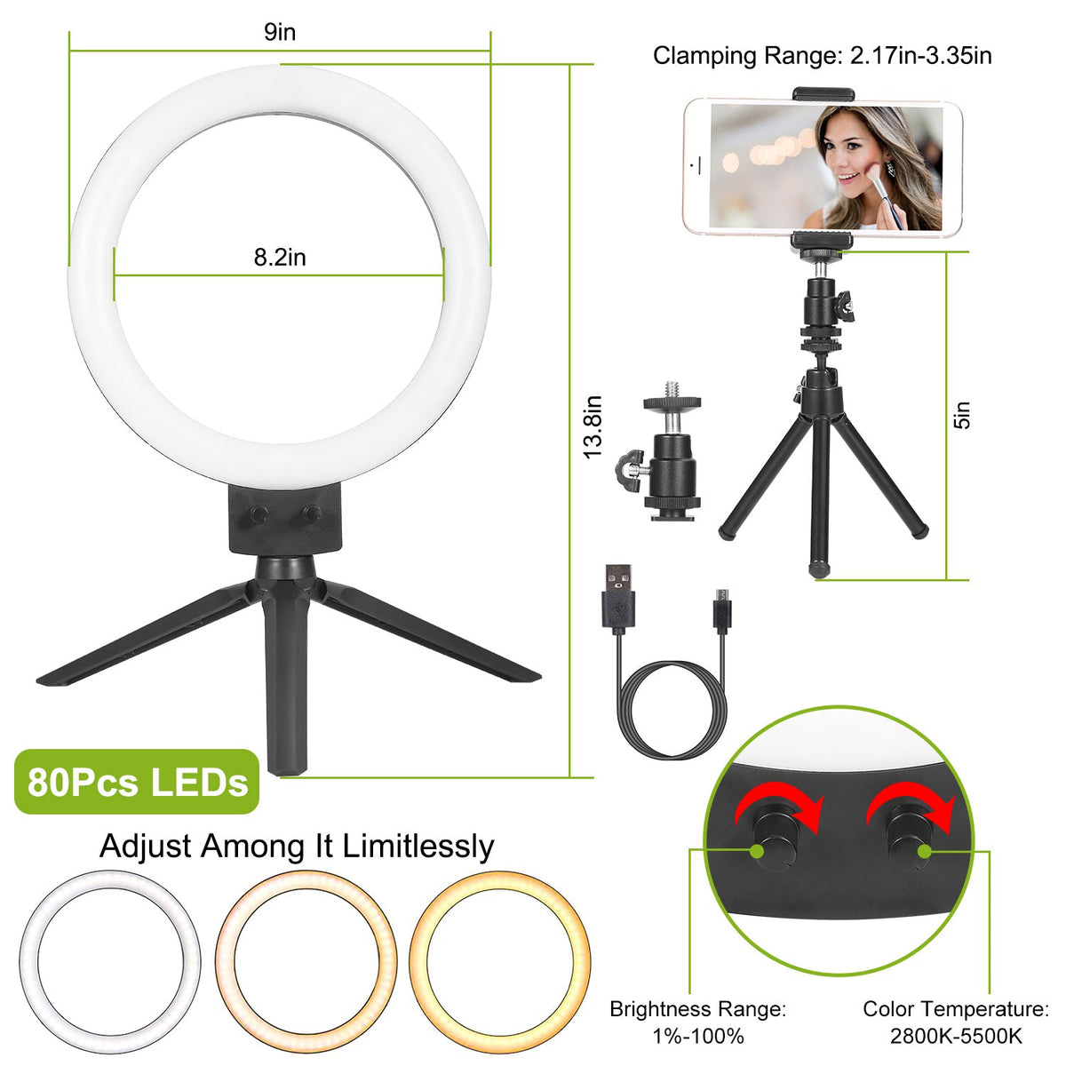 9" Dimmable LED Ring Light w/ Tripod Phone Selfie Camera Studio Photo Video Makeup Lamp Gamba Beauty