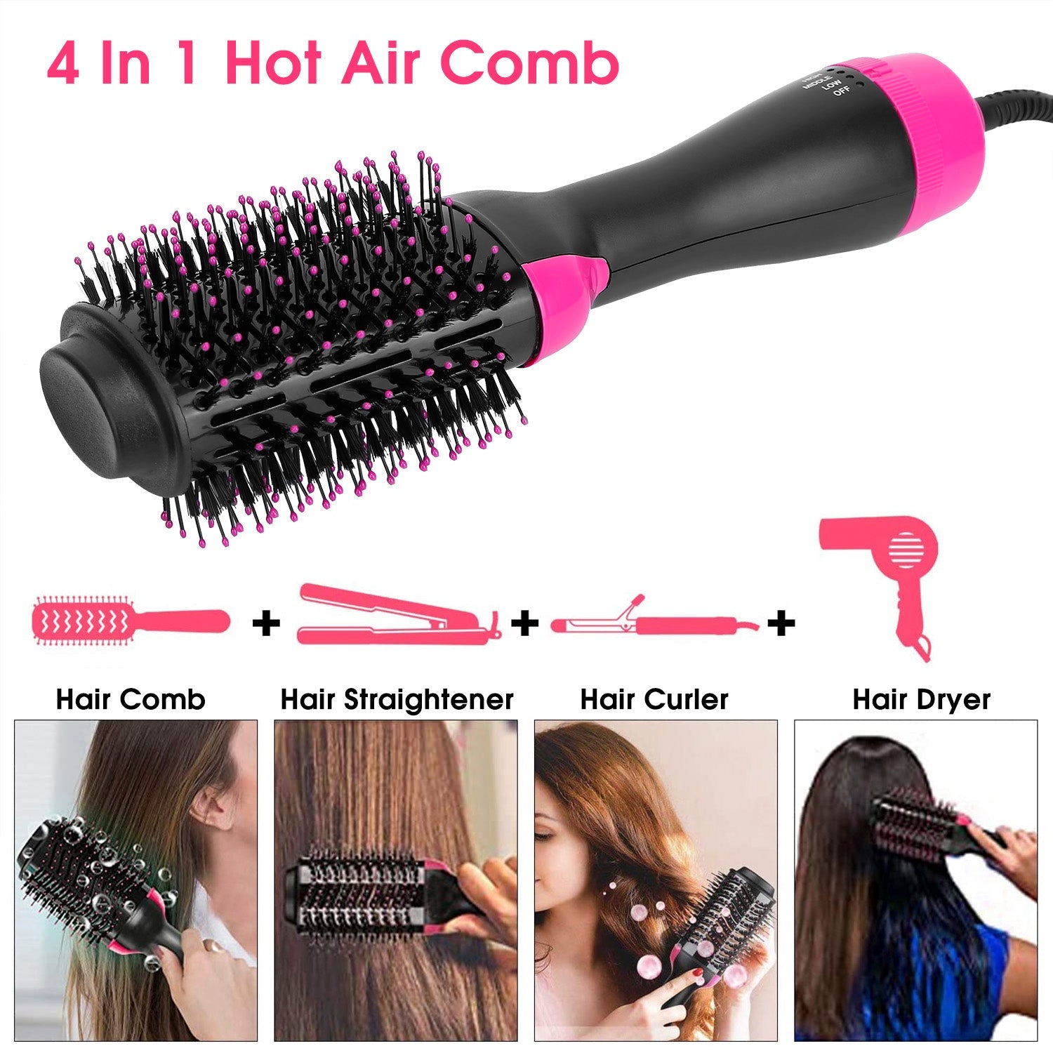 Hot Hair Brush 4 In 1 Hair Dryer Volumizer Brush Dryer Comb For Straightening Curling Drying GBruno Store