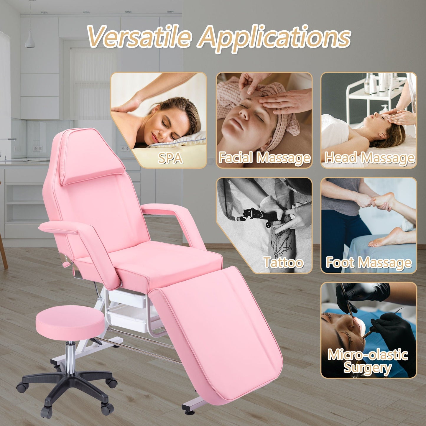 72.8" Massage Salon Tattoo Chair With Two Trays Esthetician Bed With Hydraulic Stool, Multi-Purpose 3-Section Facial Bed Table, Adjustable Beauty Barber Spa Beauty Equipment HouseOfZazla