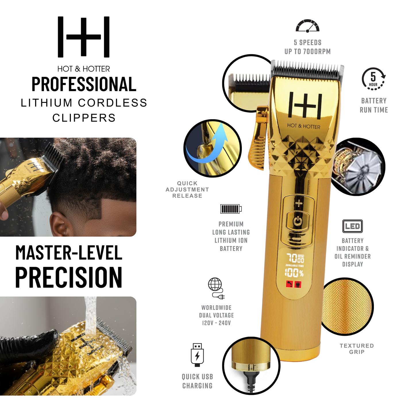 Hot & Hotter Professional Lithium Cordless Clipper, 1 Count, Gold Annie International, Inc.