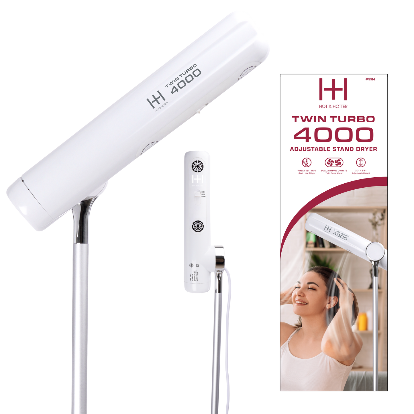 Hot & Hotter Twin Turbo 4000 Adjustable Handsfree Stand Dryer, 1 Count, White Annie International, Inc.