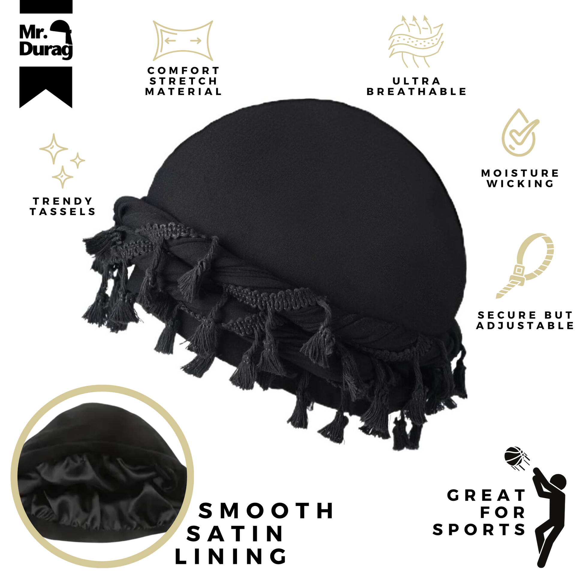 Mr. Durag Silky Spandex Crown Turban with Tassel L/XL, 1 Count Men's Halo Turban, Black Annie International, Inc.