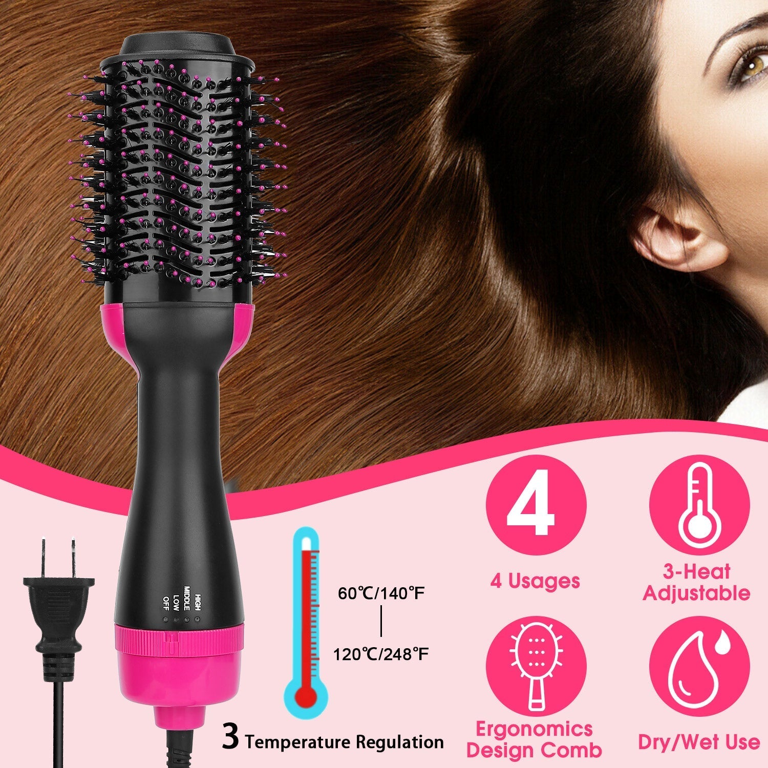 Hot Hair Brush 4 In 1 Hair Dryer Volumizer Brush Dryer Comb For Straightening Curling Drying GBruno Store