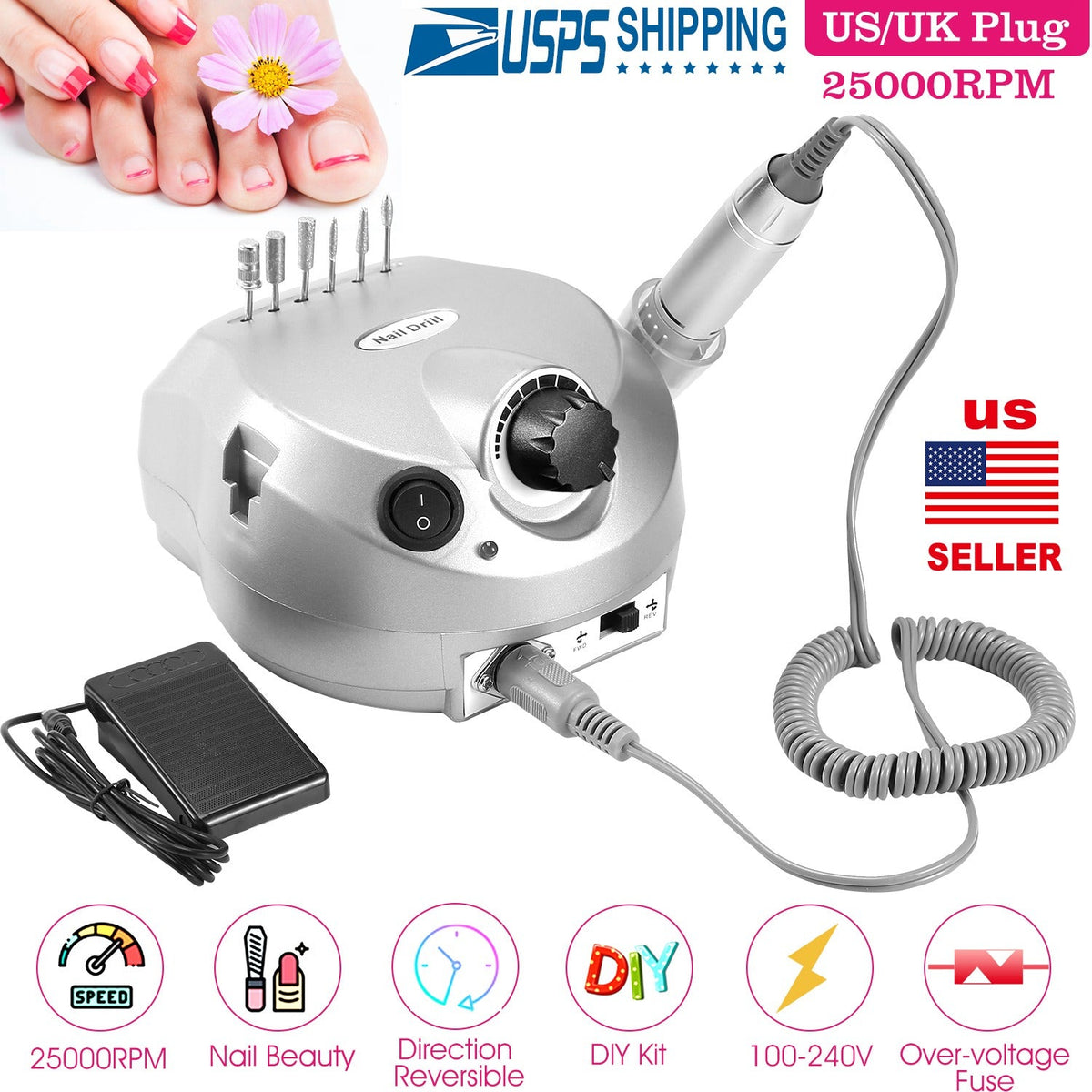 Acrylic Nail Drill Machine 25000RPM Electric Handpiece Glazing w/6 Bits Cuticle Grinder Manicure Pedicure Polishing File Kit for Nail Art Gamba Beauty