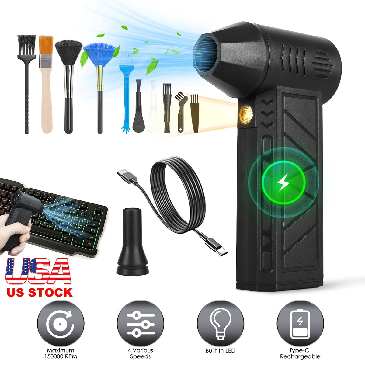 Compressed Air Duster with LED Light – 150000RPM Cordless Gamba Beauty