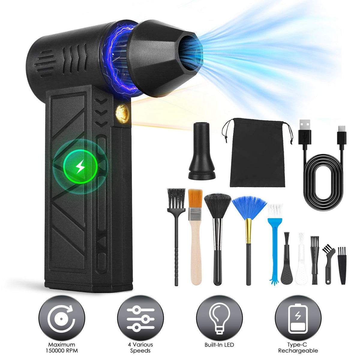 Compressed Air Duster with LED Light Up to 150000RPM Speed for PC Keyboard Cleaning High Speed Rechargeable Cordless Air Blower with 4 Speeds for Home GBruno Store