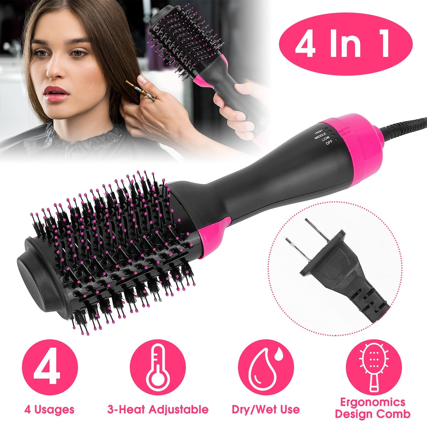 Hot Hair Brush 4 In 1 Hair Dryer Volumizer Brush Dryer Comb For Straightening Curling Drying GBruno Store
