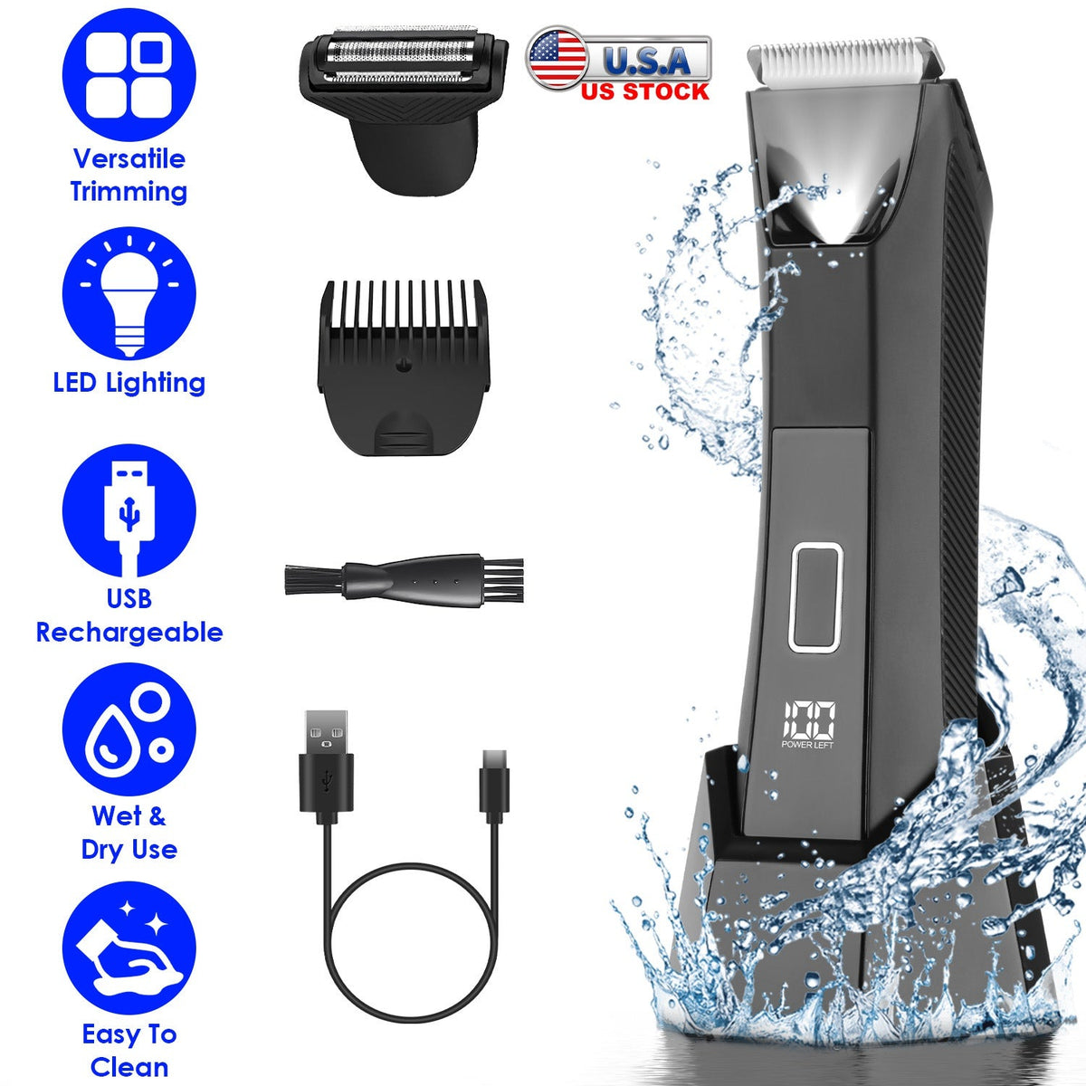 2 In 1 Electric Body Trimmer for Men Cordless Beard Groin Ball Pubic Hair Shaver IPX7 Waterproof Razor with LED Light LCD Display Guard Comb Shaving H GBruno Store