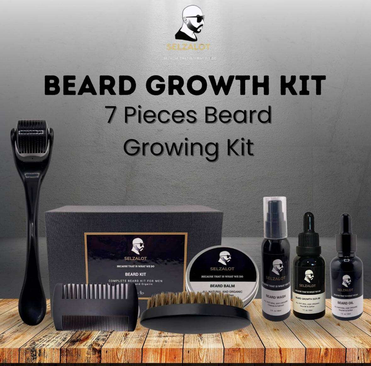SELZALOT Beard Growth Kit Facial Hairs Men's Grooming Set 7 Pieces Beard Products with Oil, Serum, Balm, Shampoo, Comb, Brush and Hand Beard Care Kit for Men Men Self Care Selzalot