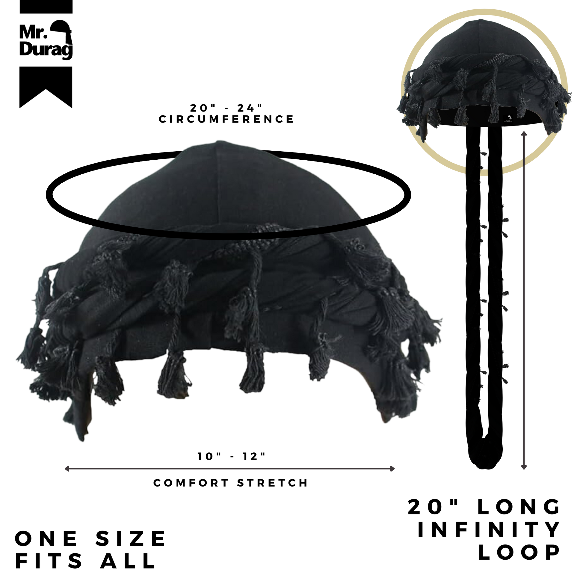 Mr. Durag Silky Spandex Crown Turban with Tassel L/XL, 1 Count Men's Halo Turban, Black Annie International, Inc.