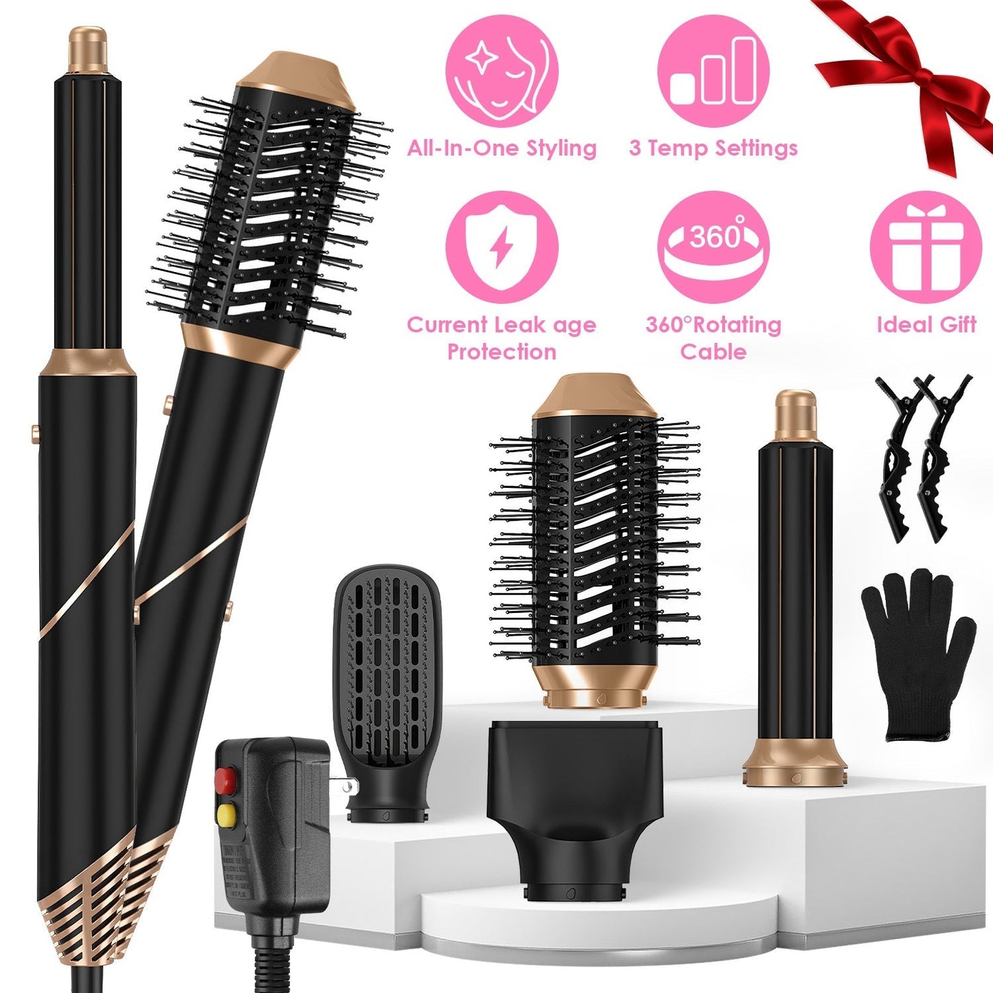 5 In 1 Hot Air Styler Straightener Curler Dryer Automatic Wrap Styler Hair Dryer Brush Set with 3 Temp Settings ALCI Plug Glove Cable Tie 2 Alligator GBruno Store