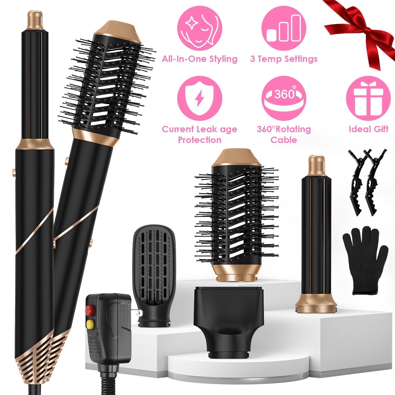 5 In 1 Hot Air Styler Straightener Curler Dryer Automatic Wrap Styler Hair Dryer Brush Set with 3 Temp Settings ALCI Plug Glove Cable Tie 2 Alligator GBruno Store