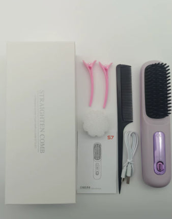 2 In 1 Straight Hair Comb Wireless Hair Straightener Brush Hair Fast Heating Portable Hot Curler USB Charging Elyvora LLC