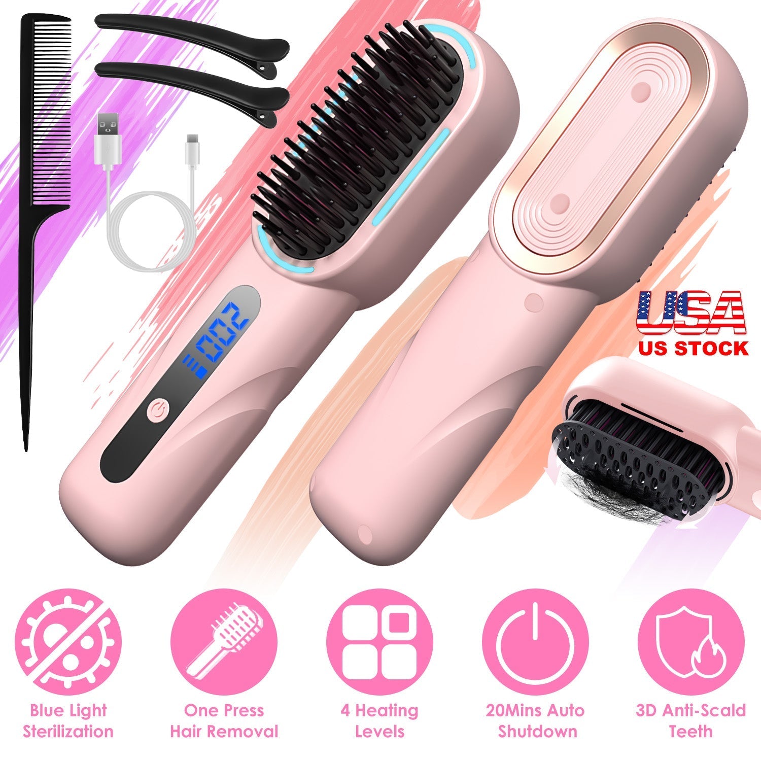 Cordless Hair Straightener Brush Rechargeable Mini Styling Comb with 4 Heating Levels Blue Light Sterilization Single press Stray Hair Removal 20Mins GBruno Store
