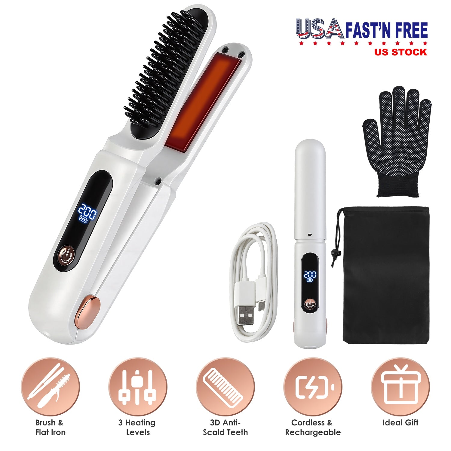 Cordless Hair Straightener Brush 2-in-1 Ceramic Flat Iron GBruno Store