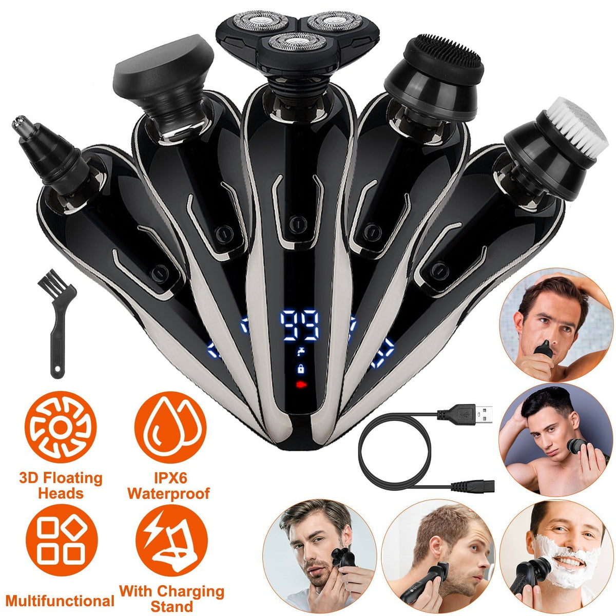 5 In 1 Electric Razor Shaver Rechargeable Cordless Head Beard Trimmer Shaver Kit IPX6 Waterproof Dry Wet Grooming Kit GBruno Store