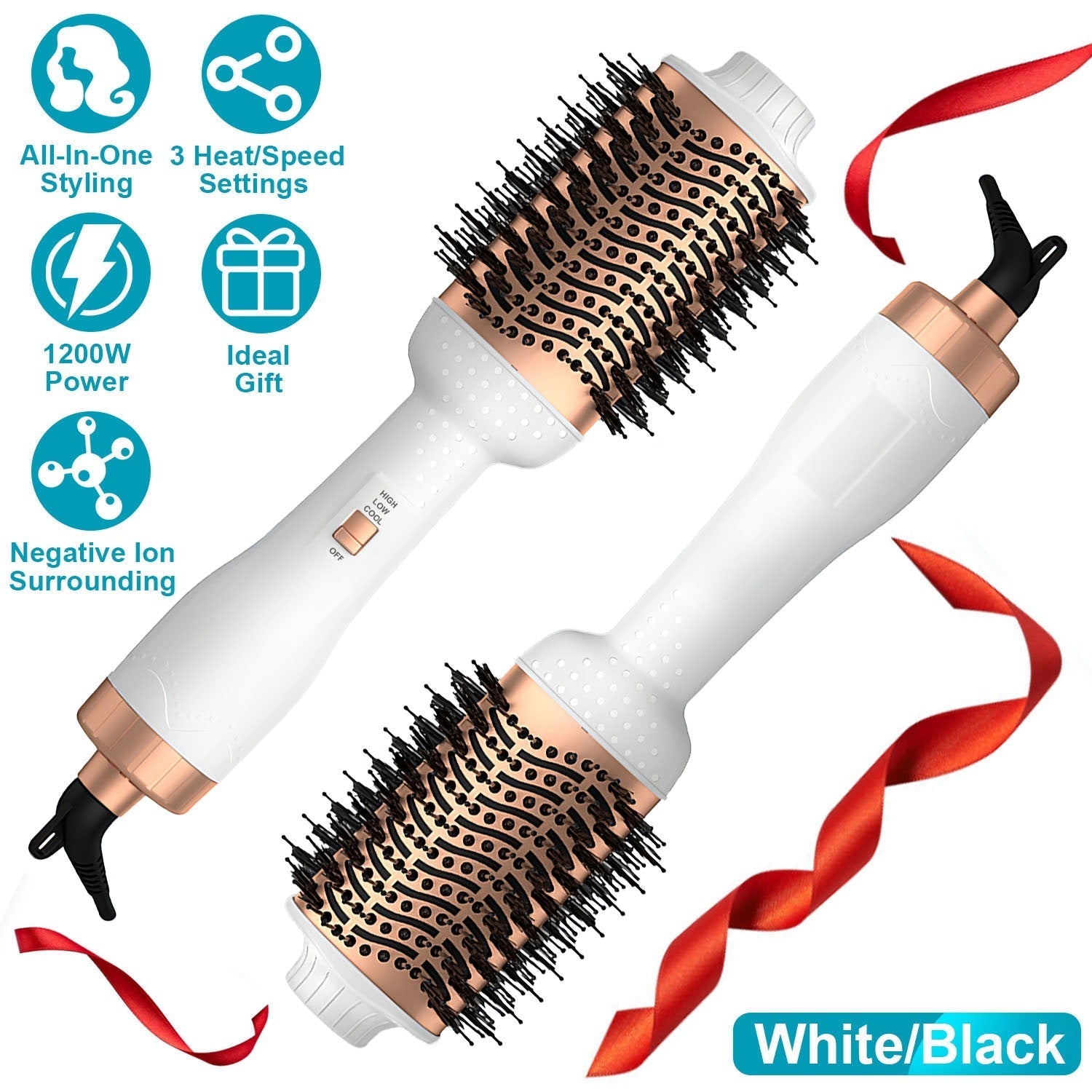 4 In 1 Hair Dryer Brush Curling Brush Hair Styler Volumizer Straightener Negative Ion Anti-frizz Hot-Air Hair Brush for All Hair Types Black White GBruno Store
