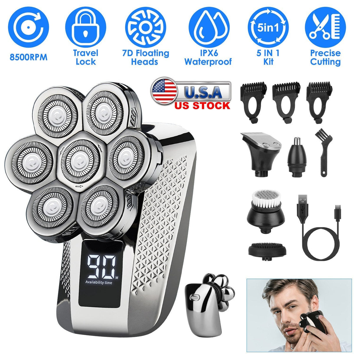 Head Shavers for Bald Men 5 In 1 7D Electric Rotary Razor Rechargeable Cordless Head Beard Trimmer Shaver Kit IPX6 Waterproof Dry Wet Grooming Kit wit GBruno Store