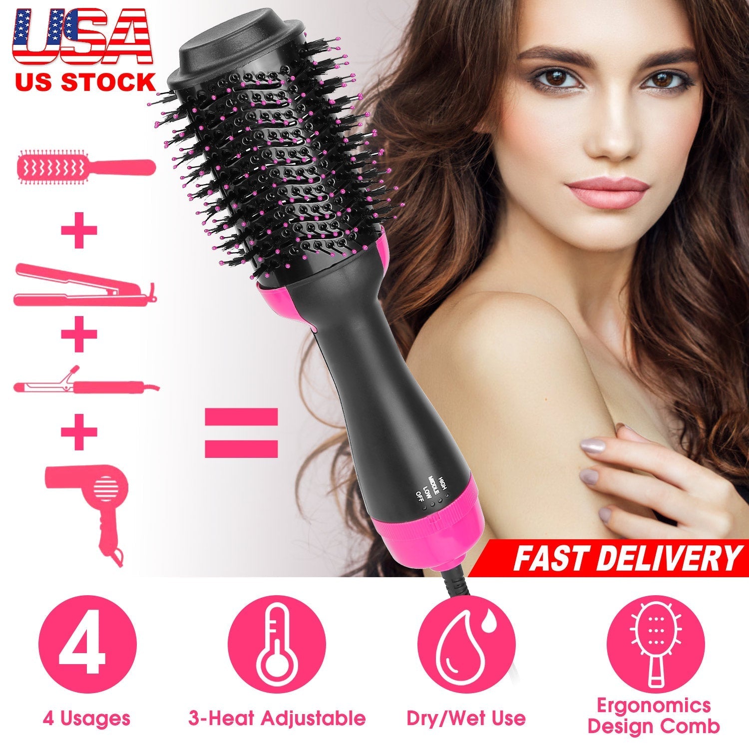 Hot Hair Brush 4 In 1 Hair Dryer Volumizer Brush Dryer Comb For Straightening Curling Drying GBruno Store