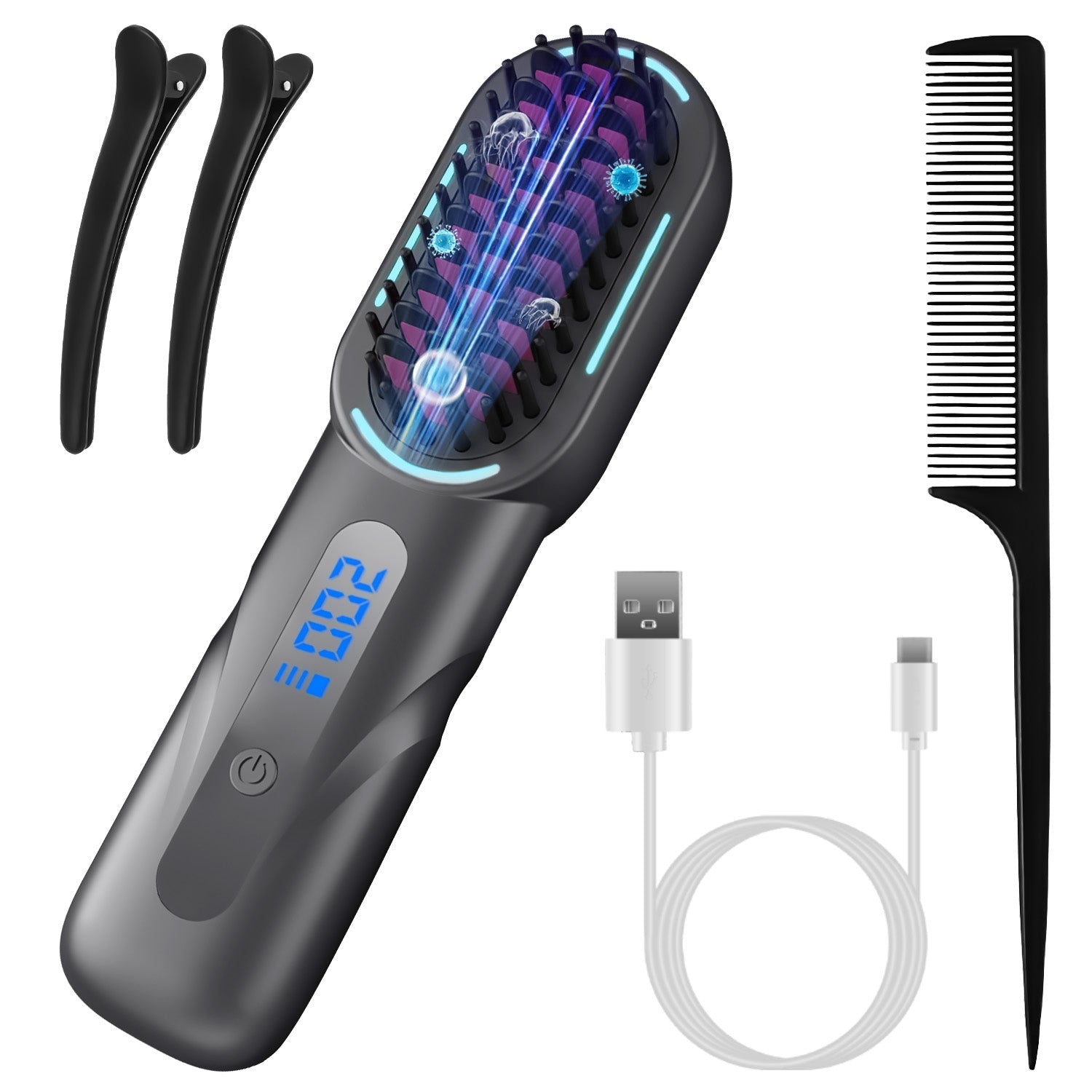 Cordless Hair Straightener Brush Rechargeable Mini Styling Comb with 4 Heating Levels Blue Light Sterilization Single press Stray Hair Removal 20Mins GBruno Store