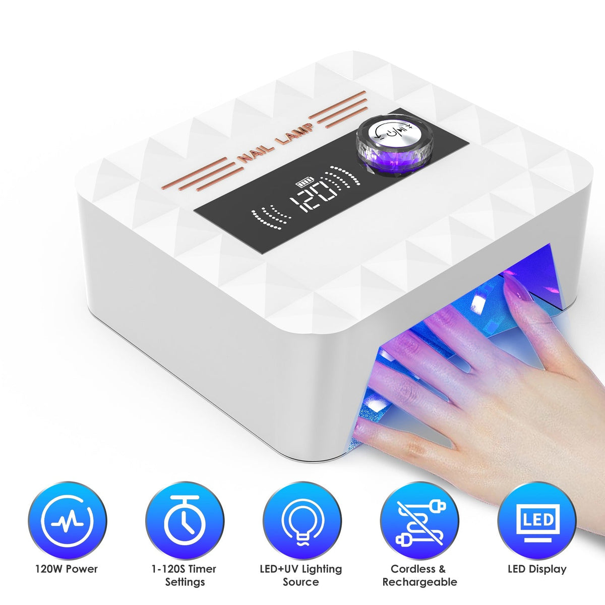 120W Cordless UV Nail Lamp Rechargeable Gel Curing Lamp Gel Polish Light Nail Dryer with LED Display 1-120S Timer Settings 30 LED Beads for Salon and Gamba Beauty