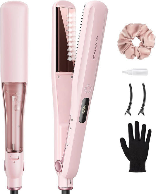 Wavytalk Steam Hair Straightener, Steam Sesh, Steam Reduces Damage, Nourishes Hair & Expedites Straightening, 1.38'' Nano Titanium Flat Iron with Detachable Comb for Silk Press Smoothing, Sakura Pink 7DAY'S
