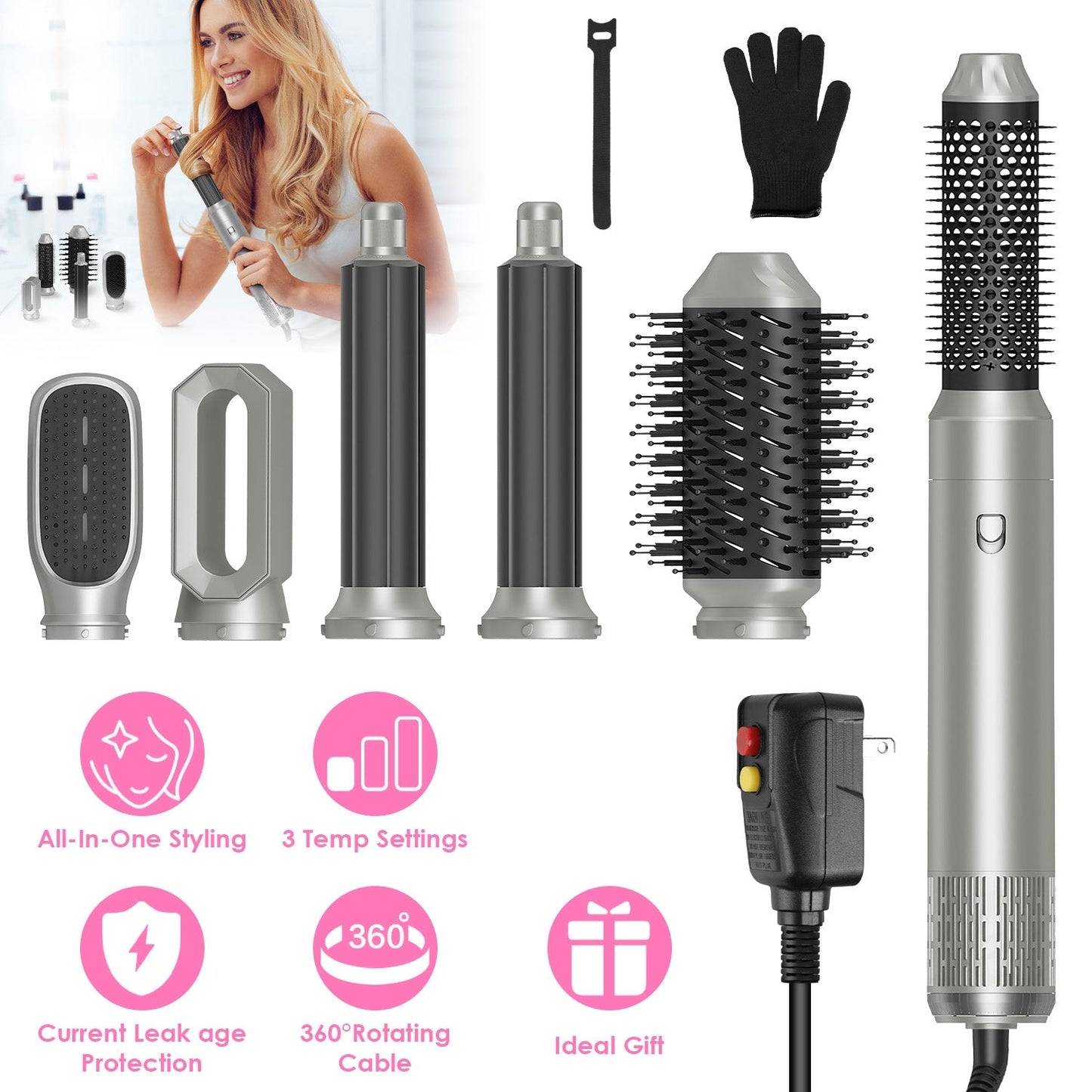 6 In 1 Hot Air Styler Volumizer Straightener Curler Dryer Automatic Wrap Styler Hair Dryer Brush Set with 3 Temp Settings ALCI Plug Glove Cable Zip Ti GBruno Store