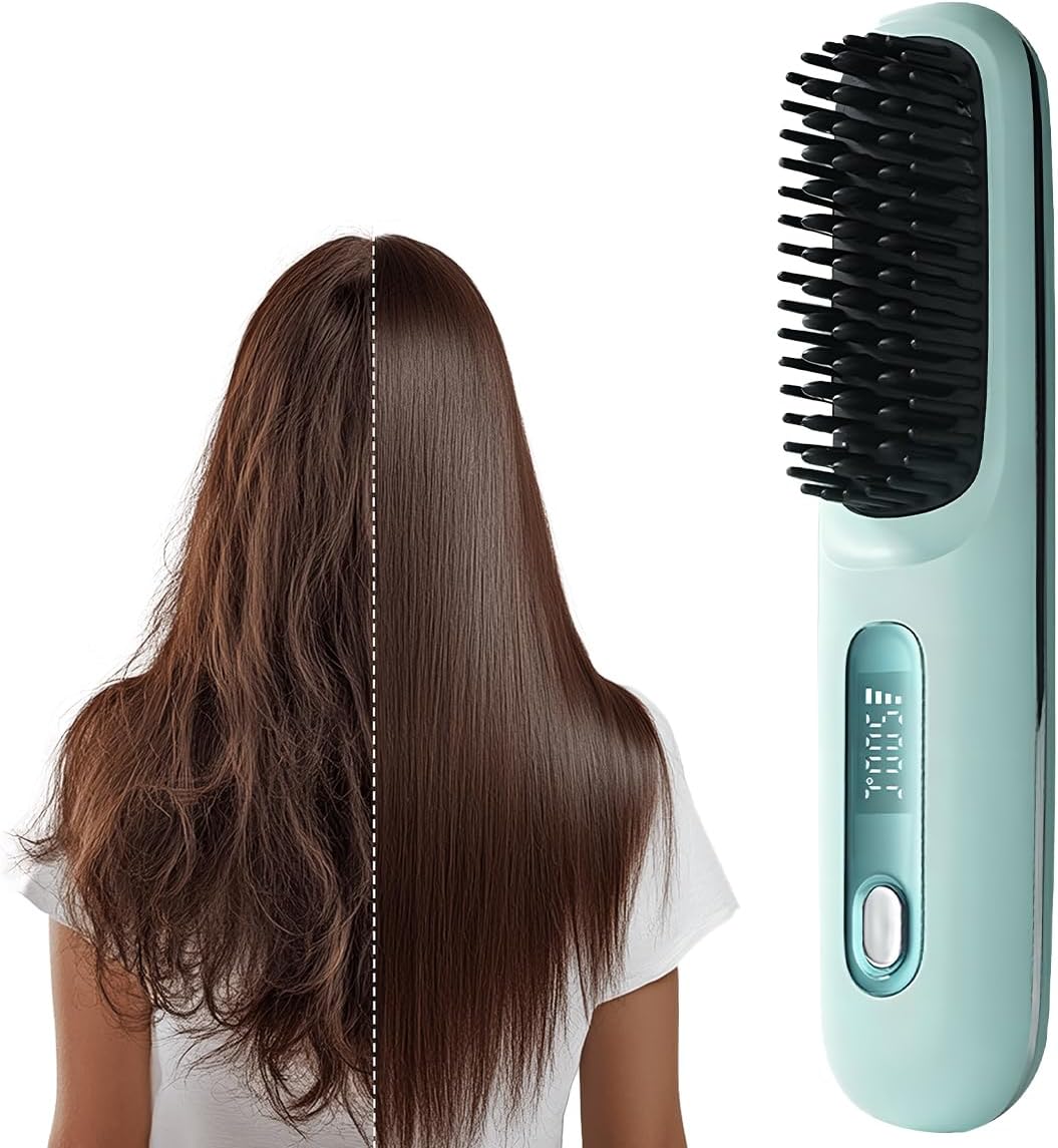 GO Brush, 2026 New GO Brush, Portable Straightener Brushs for Travel, with LCD Temperature Display, 2 in 1 Hair Straightener, Women Hair Fast Heating Cordless Mini Brushs (Blue) 7DAY'S