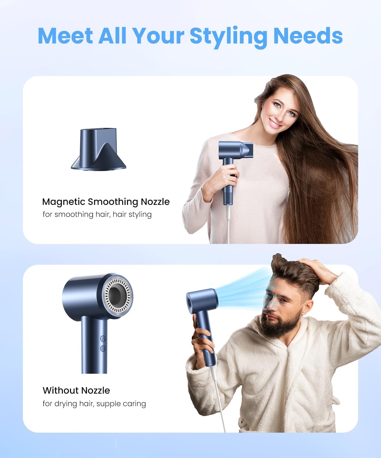 Hair Dryer, Ionic Blow Dryer, Professional High-Speed Hairdryer with 150,000 RPM Motor for Fast Drying, 5 Temps/3 Speeds Lightweight Hairdryer with Magnetic Nozzle for Home Travel Women Man