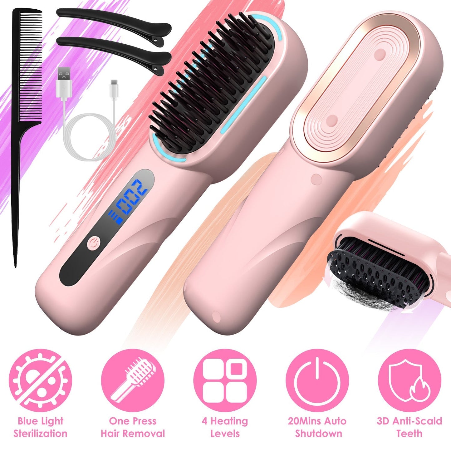 Cordless Hair Straightener Brush Rechargeable Mini Styling Comb with 4 Heating Levels Blue Light Sterilization Single press Stray Hair Removal 20Mins GBruno Store