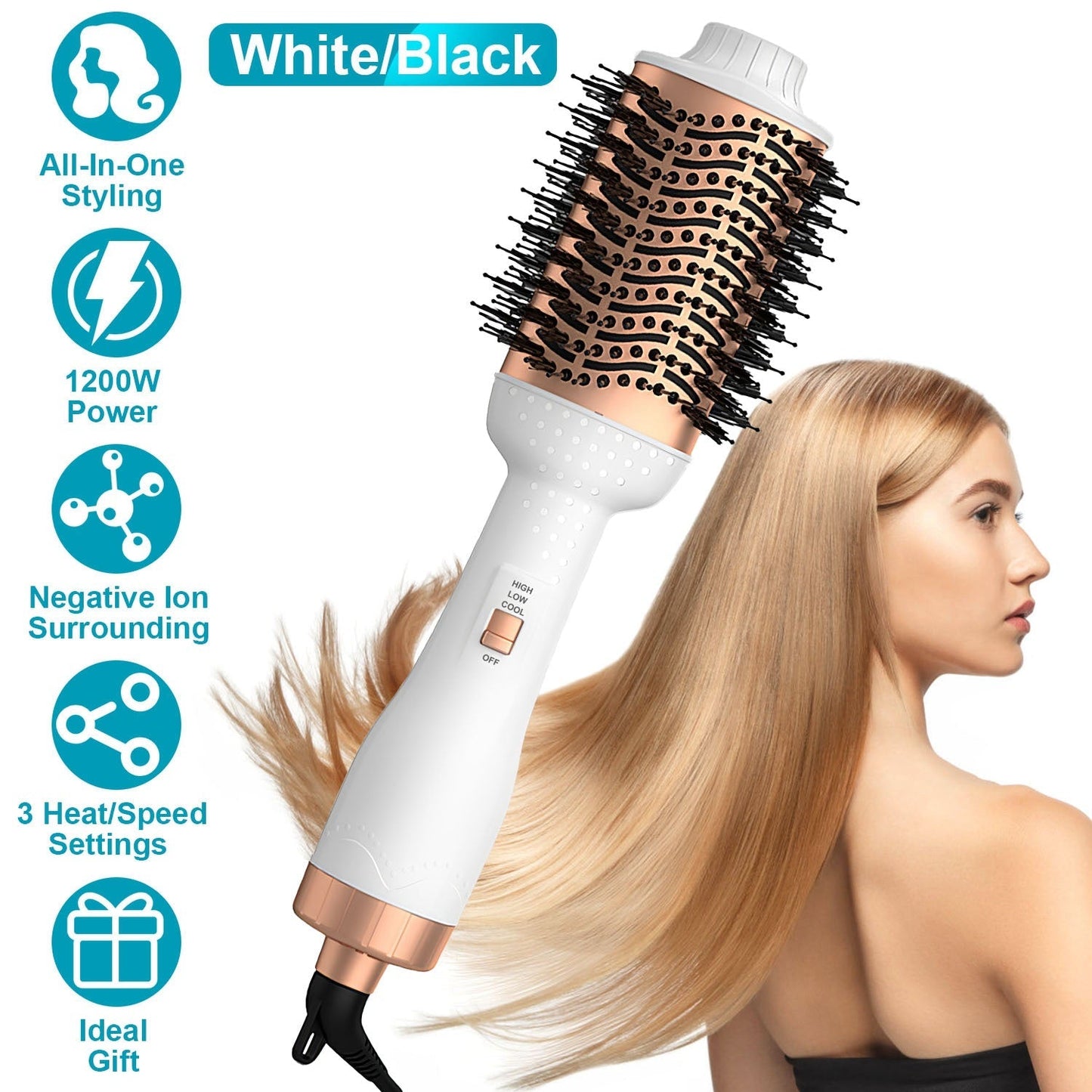 4 In 1 Hair Dryer Brush Curling Brush Hair Styler Volumizer Straightener Negative Ion Anti-frizz Hot-Air Hair Brush for All Hair Types Black White GBruno Store