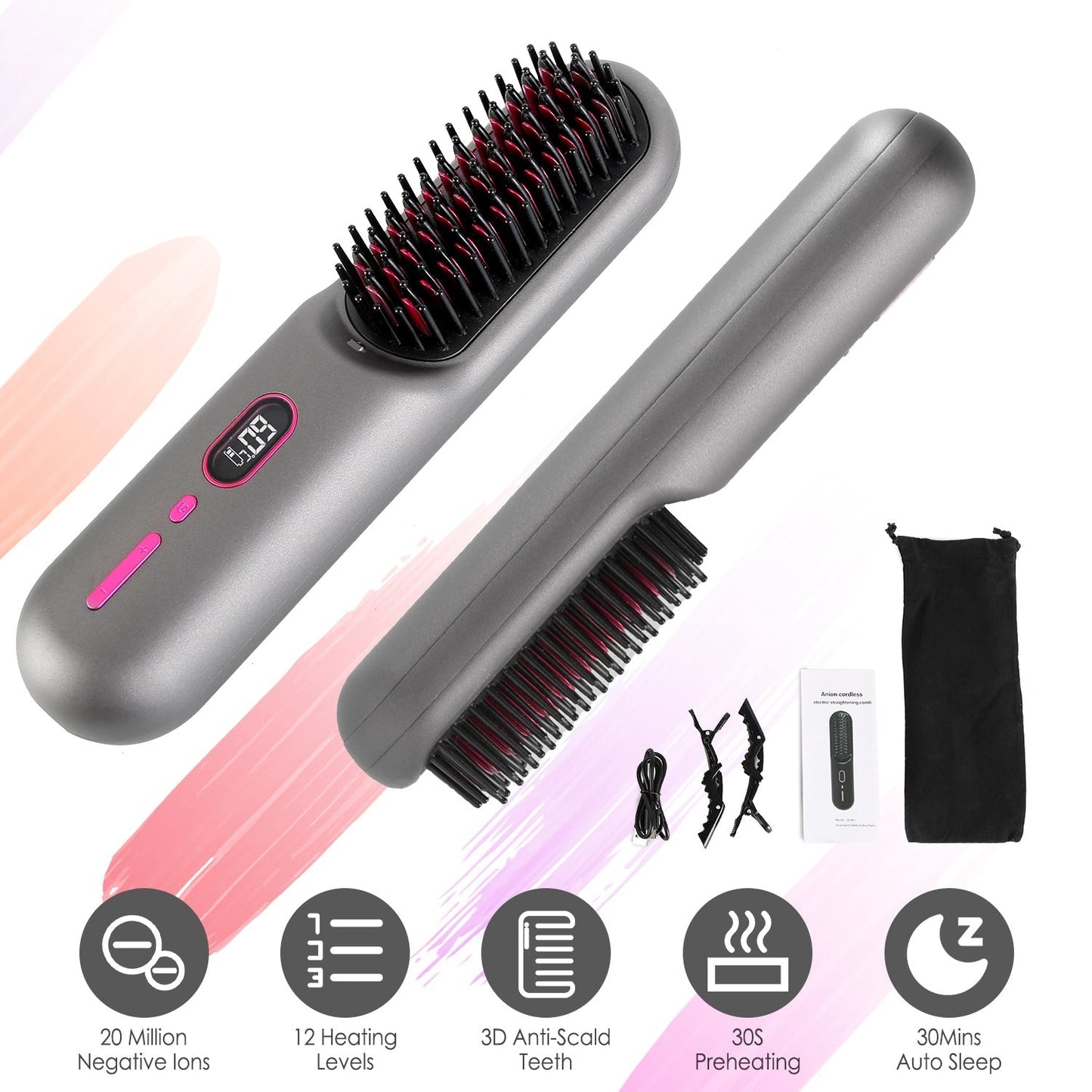 Cordless Negative Ion Hair Straightener Brush Rechargeable Mini Styling Comb with 12 Heating Levels Anti-scald 30S Preheating 30Mins Auto Sleep LCD Di GBruno Store