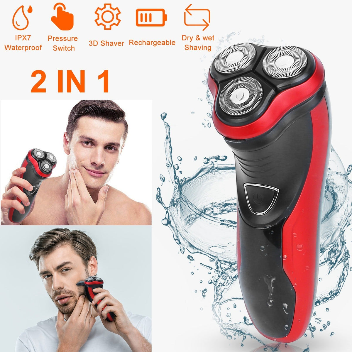 Electric Shaver Razor for Men IPX7 Waterproof Beard Trimmer 3D Rechargeable Painless Rotary Shaver with Pop up Trimmer 2 in 1 Electric Shaver GBruno Store