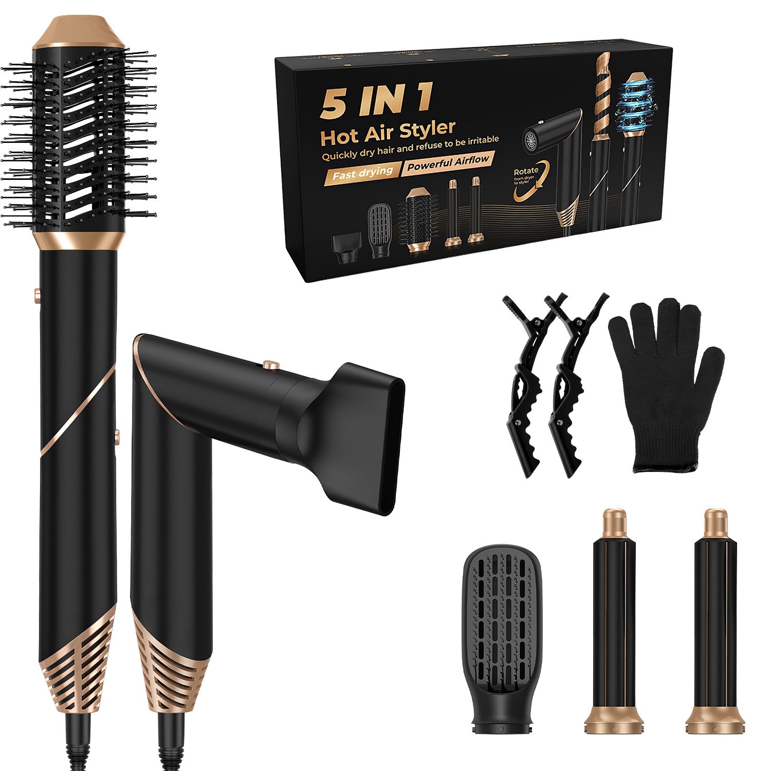 5 In 1 Hot Air Styler Straightener Curler Dryer Automatic Wrap Styler Hair Dryer Brush Set with 3 Temp Settings ALCI Plug Glove Cable Tie 2 Alligator GBruno Store