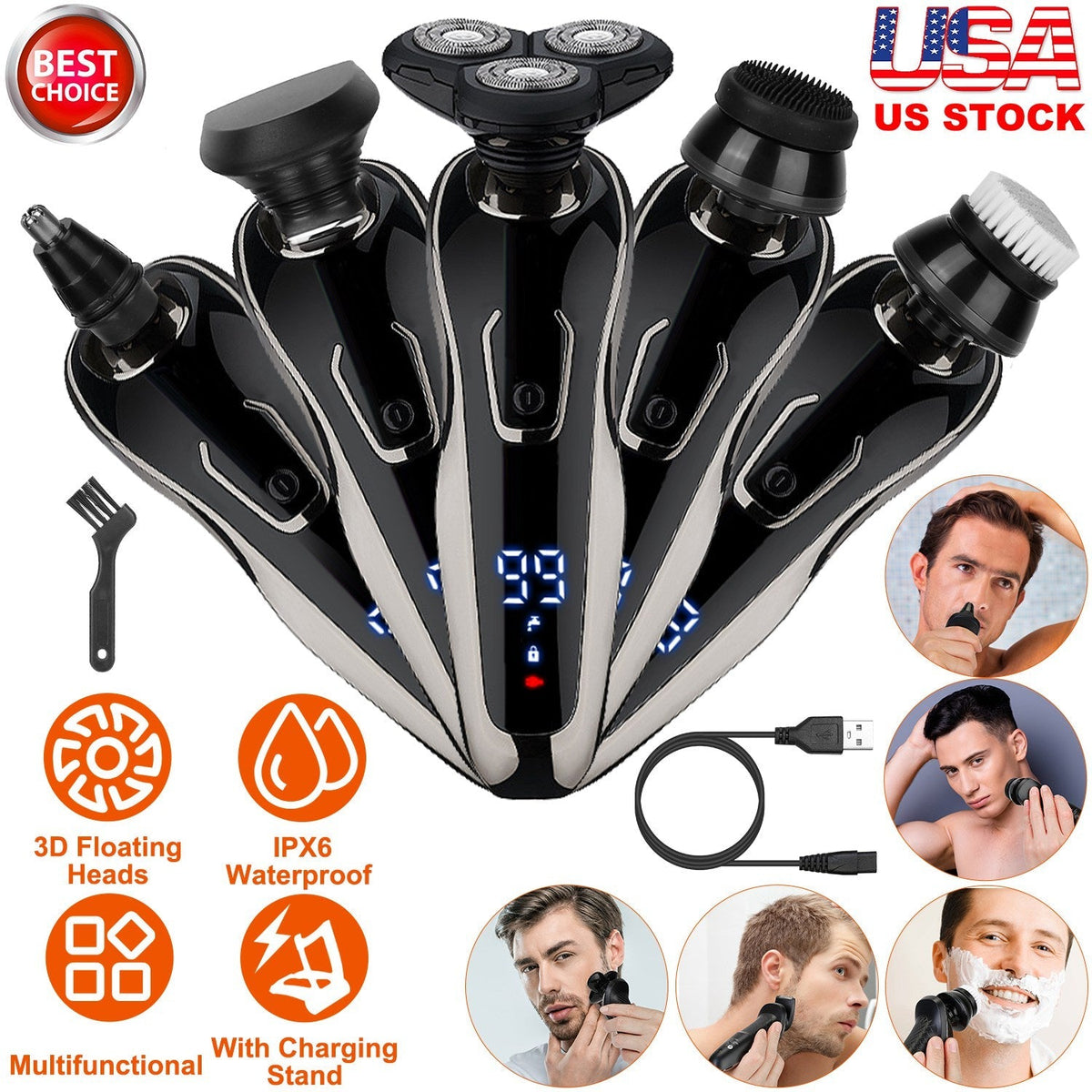 5 In 1 Electric Razor Shaver Rechargeable Cordless Head Beard Trimmer Shaver Kit IPX6 Waterproof Dry Wet Grooming Kit GBruno Store