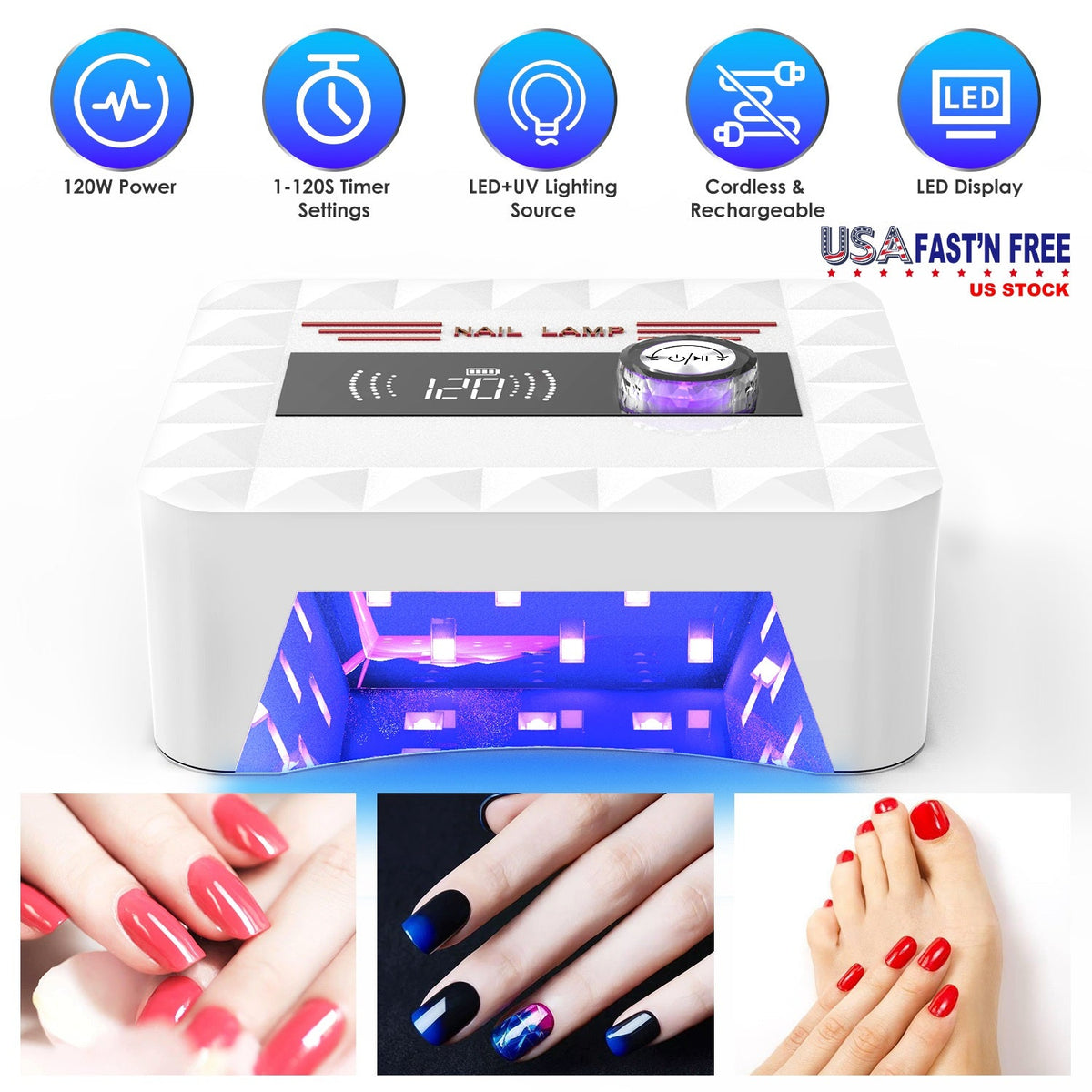 120W Cordless UV Nail Lamp Rechargeable Gel Curing Lamp Gel Polish Light Nail Dryer with LED Display 1-120S Timer Settings 30 LED Beads for Salon and Gamba Beauty