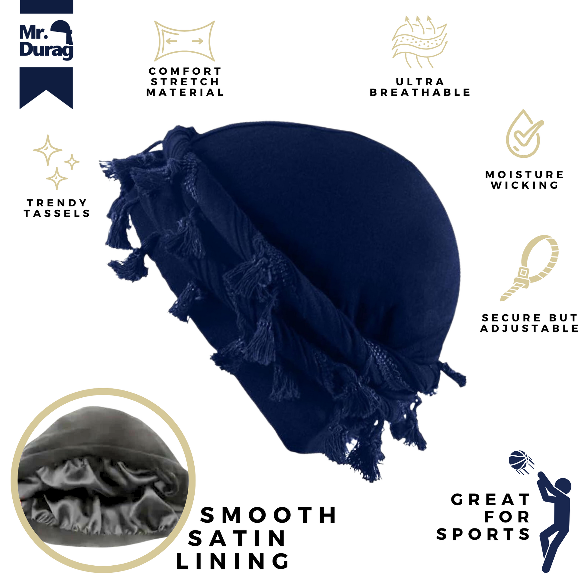 Mr. Durag Silky Spandex Crown Turban with Tassels Large / X-Large, 1 Count, Assorted Colors Annie International, Inc.
