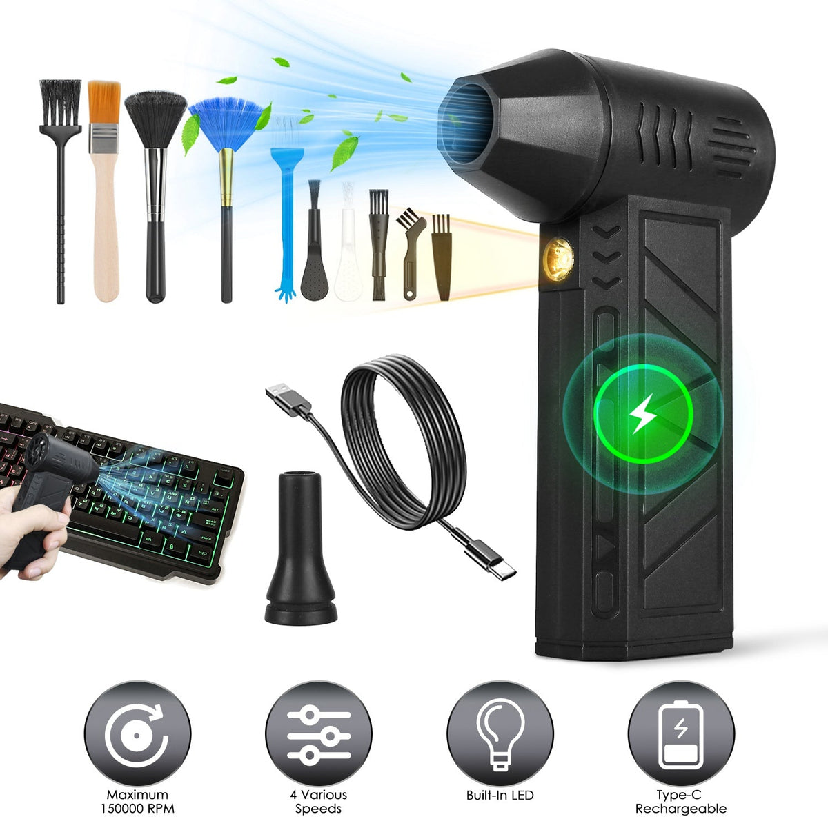 Compressed Air Duster with LED Light Up to 150000RPM Speed for PC Keyboard Cleaning High Speed Rechargeable Cordless Air Blower with 4 Speeds for Home GBruno Store