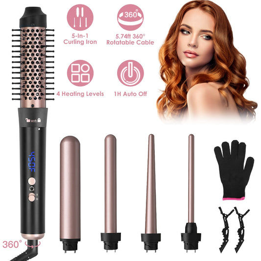 2 Type Options--1Pc 5 In 1 Curling Wand Hair Curling Iron Brush Anti-Tangle Hair Thermal Brush Curler With 4 Heating Levels 360 Degree Rotatable Cable 5 Interchangeable Barrels 2 Clips 1H Auto Off The Make-up Corner