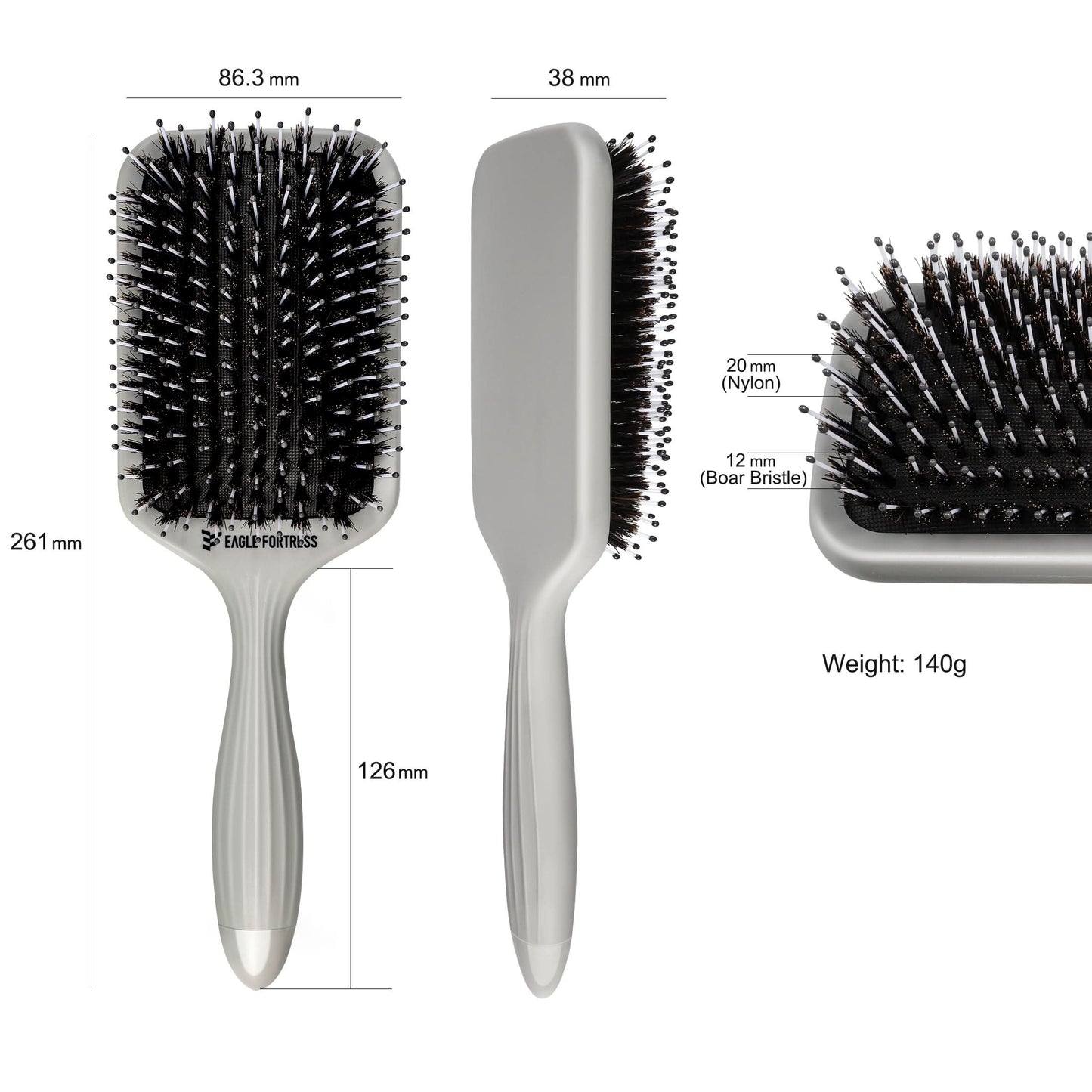 Eagle Fortress Boar Bristle Paddle Brush - Grey The Beauty Box