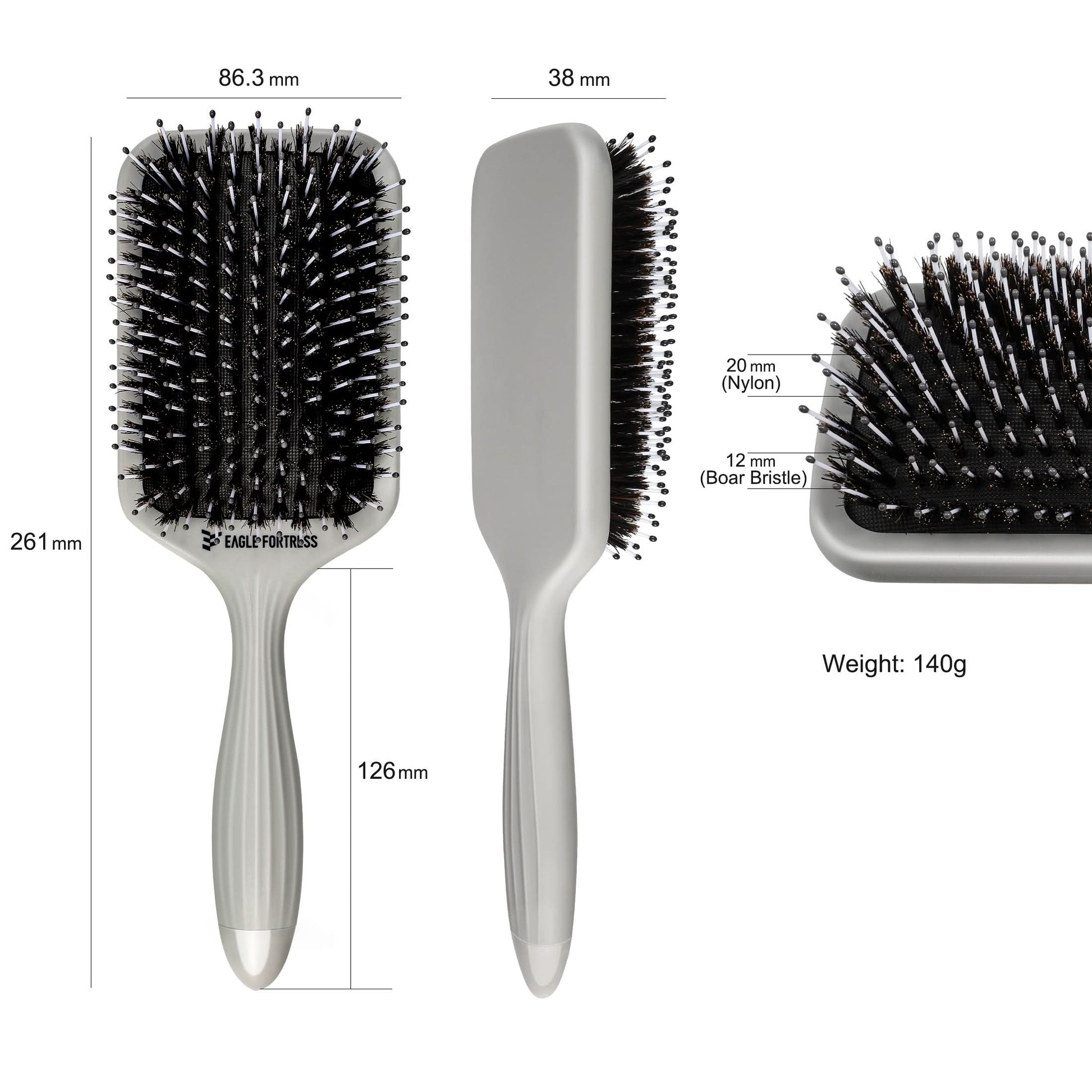 Eagle Fortress Boar Bristle Paddle Brush - Grey The Beauty Box