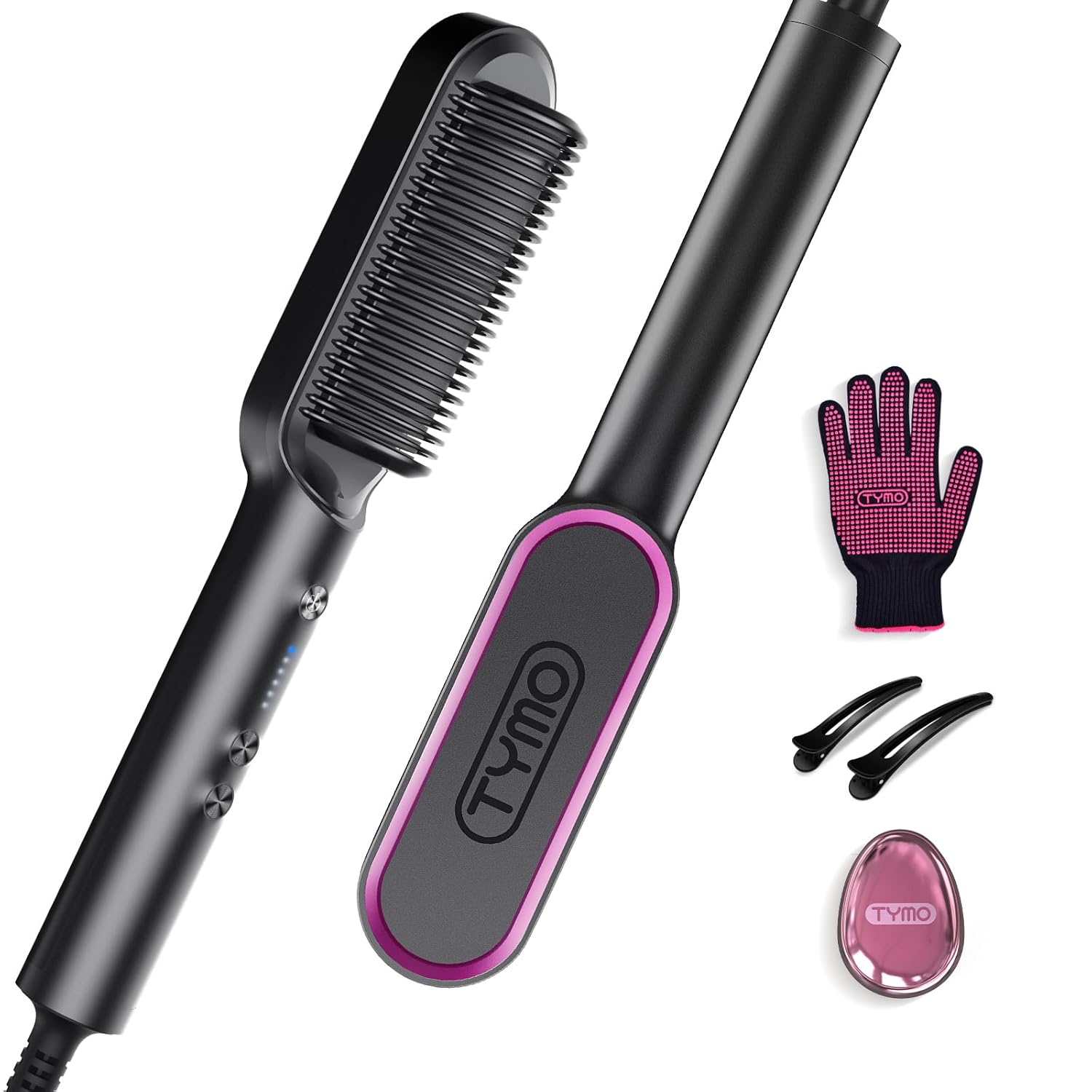 Hair Straightener Brush, TYMO Ring Hair Straightener Comb Straightening Brush for Women with 5 Temps 20s Fast Heating & Dual Voltage, Black 7DAY'S