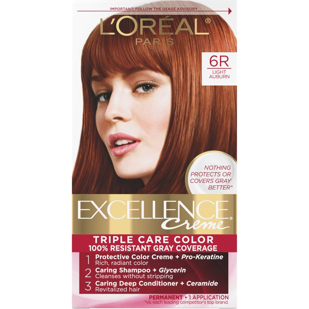 L'Oréal Paris Excellence Triple Protection Permanent Hair Color - 6R Light Auburn (6.3 fl oz) Farmacias Savia