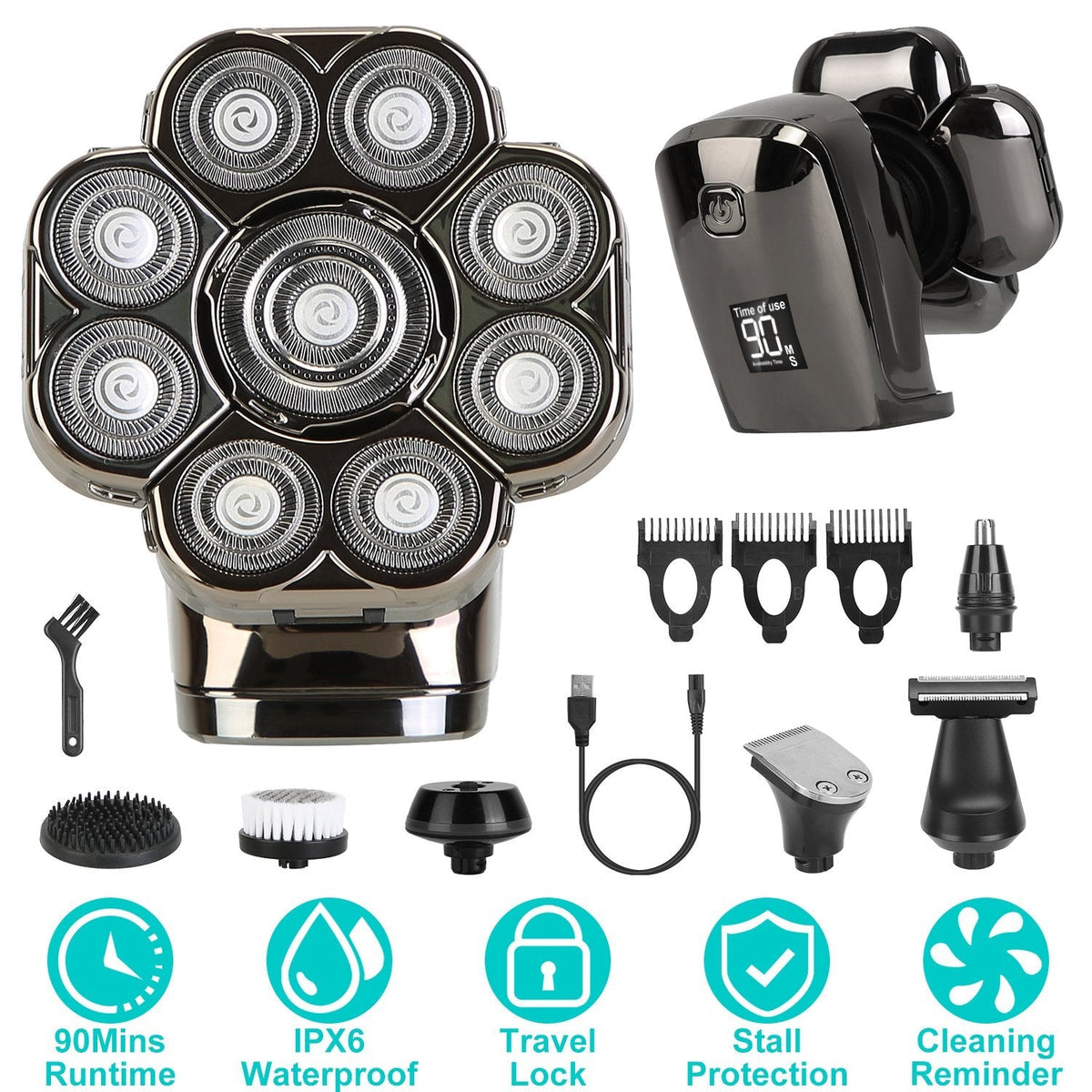 6 In 1 9D Electric Head Shaver for Men Cordless Rechargeable Wet Dry Razor with LED Display Travel Lock Stall Protection Cleaning Reminder GBruno Store