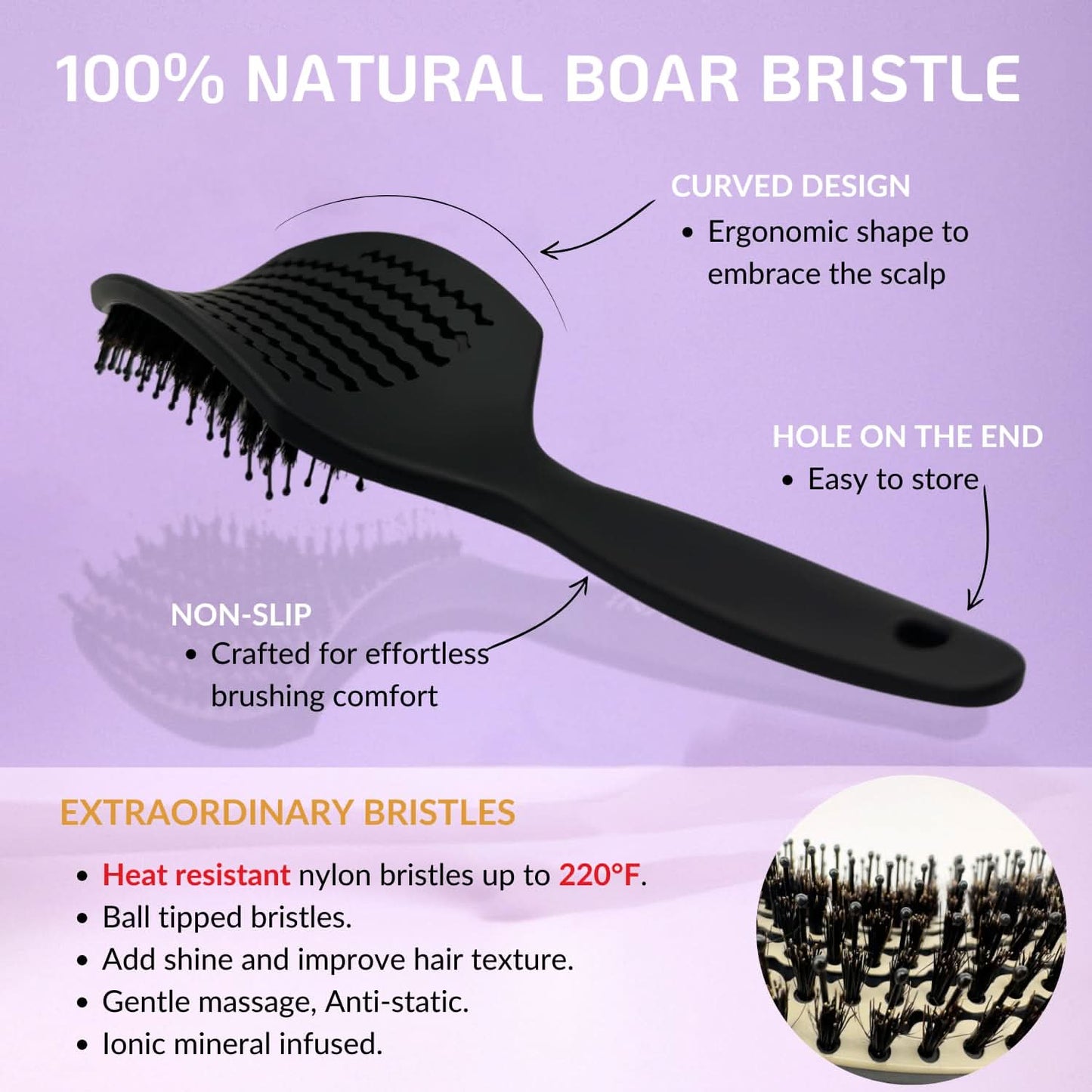 INATEKPRO Curved Vented Boar Bristle Detangler Brush - Black | LARGE The Beauty Box