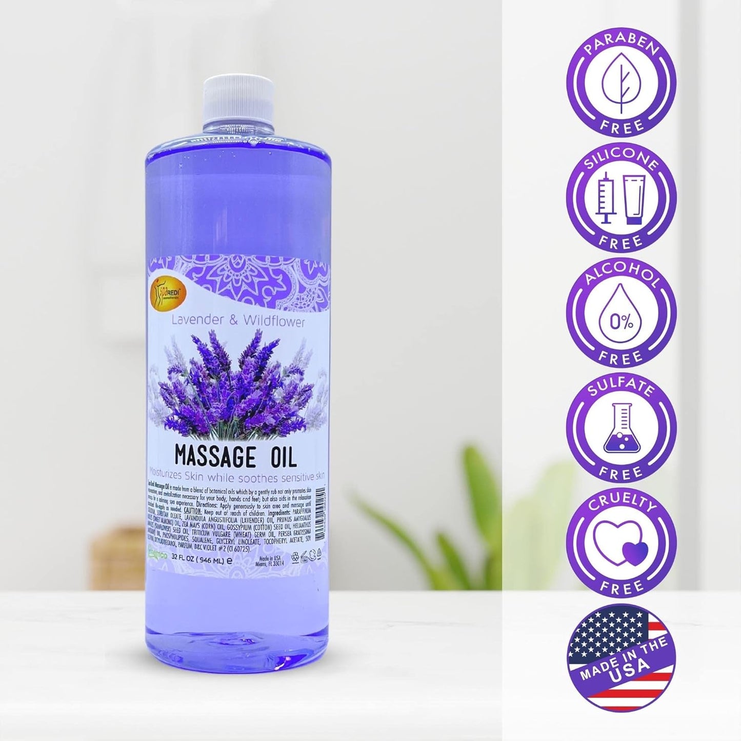 Massage Oil 32oz - Lavender & Wildflower | Mani Pedi Body Lunali Nail Supply