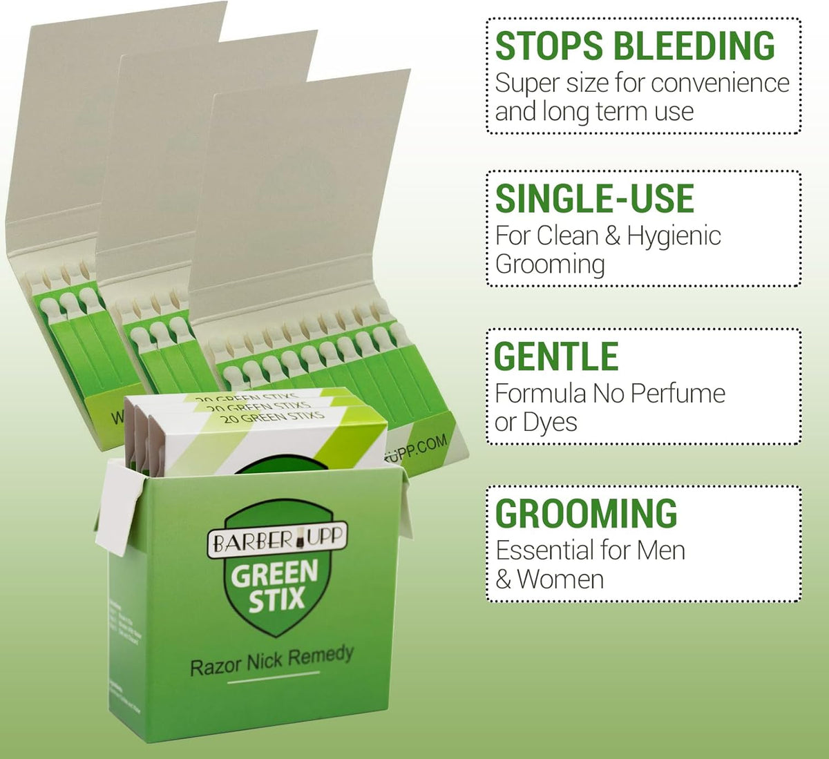 Green Stix Styptic Pencil (3 Pack) | Stops Minor Shaving Nicks, Razor Cuts & Bleeding | Professional Barber & Personal Grooming Accessory BarberUpp