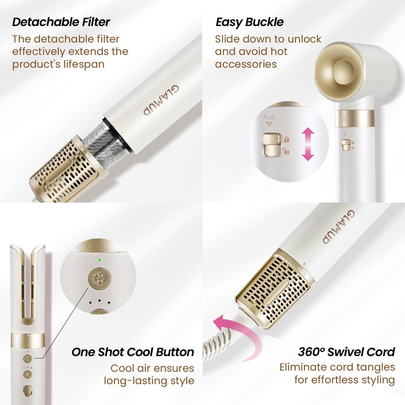 GLAMUP® 6 in 1 Hot Air Styler, Upgraded Long Barrel, Round Brush, Powerful High Speed Dryer, Tight Grip, Curling Volumizing Gift Set with Travel Bag